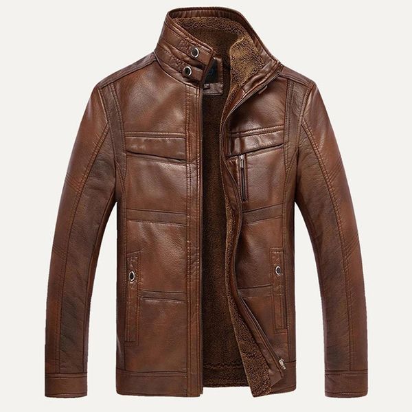 

men long sleeve stand collar faux leather fleece lined zip warm short jacket men business winter faux fur male jacket fleece, Black;brown