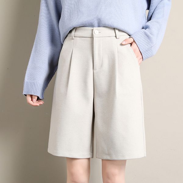 

women's shorts fashion woolen women 2021 autumn winter elastic high waist wide leg plus size casual ladies femme, White;black