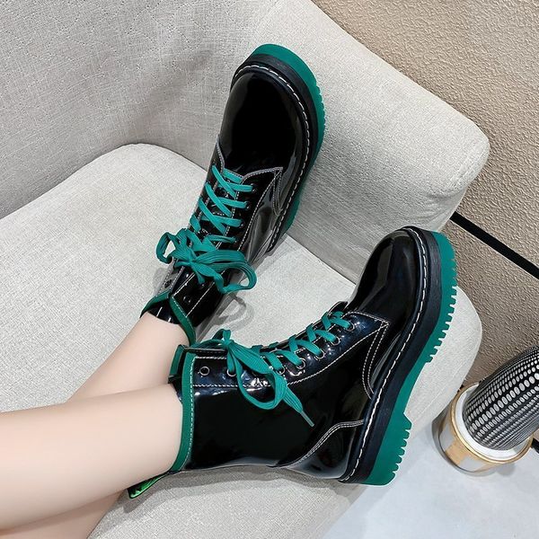 

rock shoes woman boots women new 2020 lace up flat heel luxury designer leather booties low heels booties round toe fashion, Black