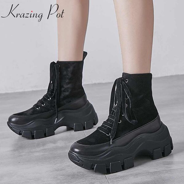 

krazing pot 2020 winter flock round toe jelly high bottom british preppy style brand increased mid-calf boots l2f1, Black