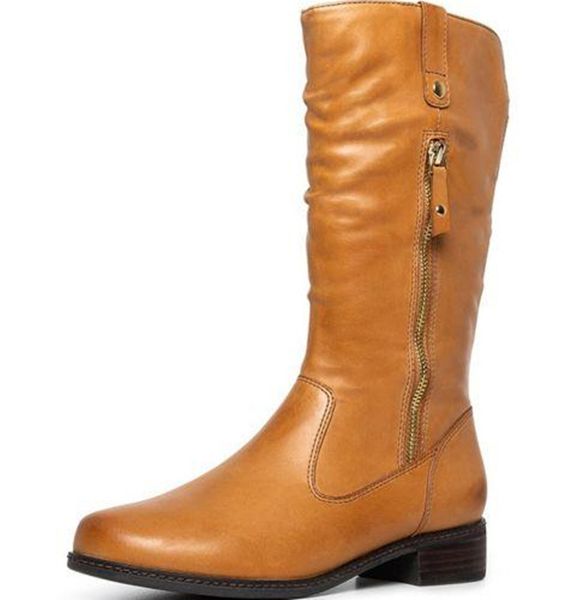 

new 2020 fashion motorcycle boots winter women plush warm mid calf boots square heel pu zipper botas mujer invierno 35-43, Black
