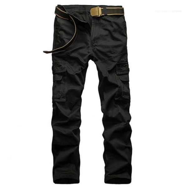 

mens casual cargo pants straight type solid color plus size pants with pocket homme fashion trousers, Black