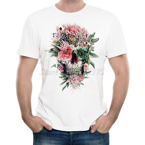 

new arrivals 2019 men's creative floral skull printed t shirt cool summer skull casual tee