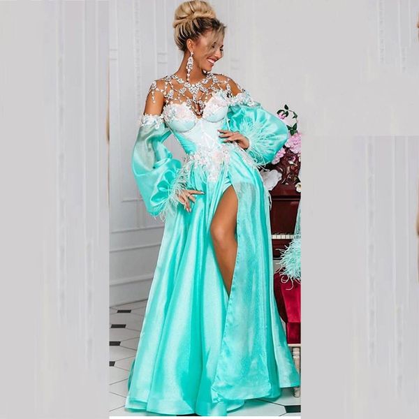 Ombro New Sexy Off turquesa Flores Prom Dresses com Renda apliques Side High Dividir Feather Evening vestidos longos Cocktail Party Dress