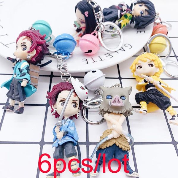 

6pcs full sets anime kimetsu no yaiba demon slayer 3d keychain decoration pendant jewelry cartoon nezuko keyring key chains, Silver