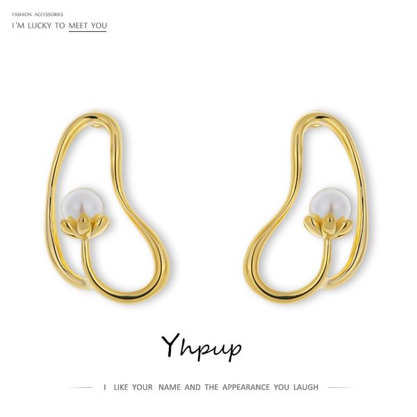 

stud yhpup minimalist imitation pearls earrings irregular statement geometric metal for female party bijoux femme 2021, Golden;silver