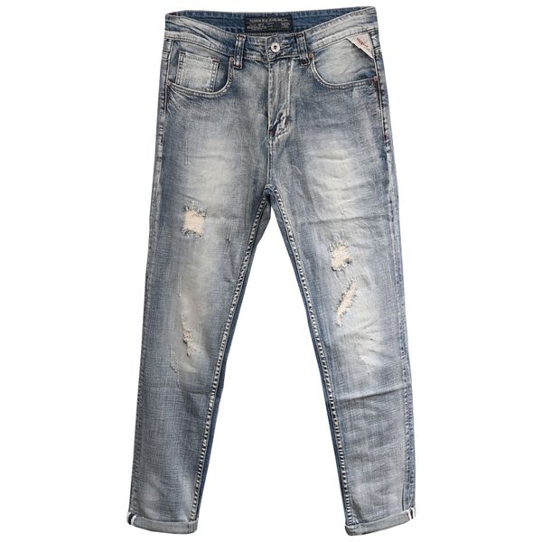 

trendy hole torn patchwork jeans men slim fit 2020 autumn straight ripped stretch denim jeans pants tight ankle masculina, Blue