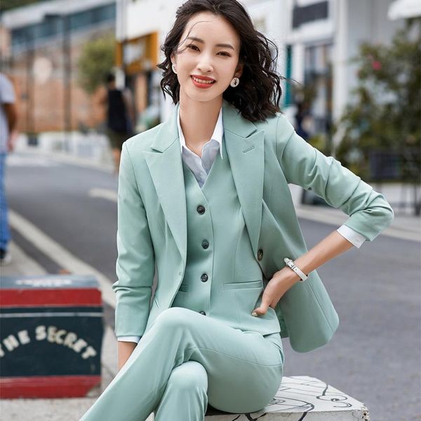 

purple green blazer vest and pant 3 pieces set women pant suits office lady formal business work career uniform design set suit, White