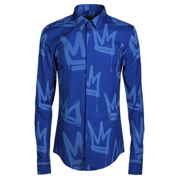 

men shirt luxury original brand allover printed crown design mens dress shirt fashion trend mens shirts casual slim fit, White;black