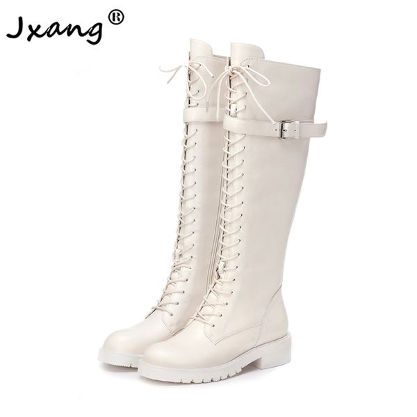 

jxang fashion cowhide lace up round head rubber sole european and american style long comfort knee high boots, Black