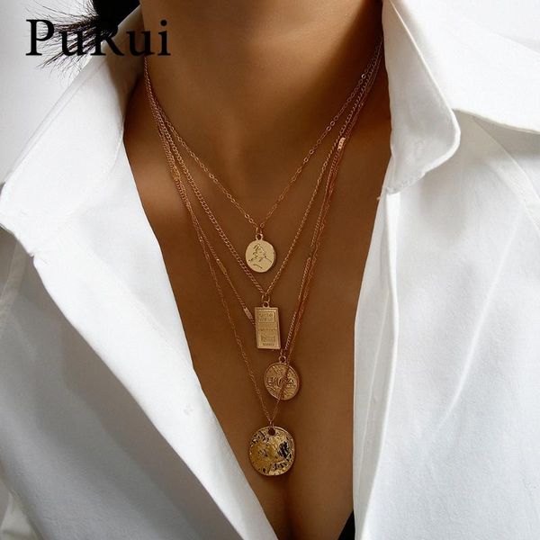 

ожерелье purui 2pcs / set многоуровневой punk резной монеты портрет подвеска для женщин геометрической площади круглого choker ожерелья ювел, Silver