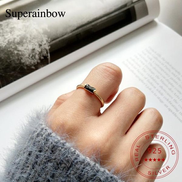 

cluster rings superainbow 925 sterling silver square black cubic zircon open finger ring for women simple jewelry gifts sr-r35, Golden;silver