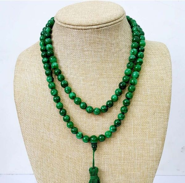 

chinese green jade 6*8mm/108 bead necklace natural jadeite jewellery yoga beaded gemstone beads woman gift jewelry p10, Silver