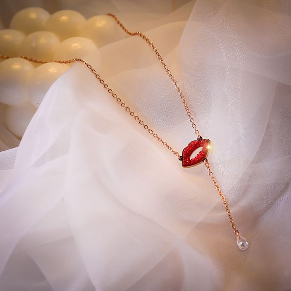 

lip red pendant tassel necklace titanium steel rose gold fashion short clavicle chain female korean jewelry women's necklace, Silver