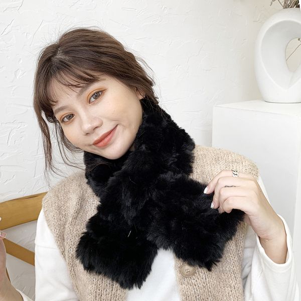 

scarves winter faux fur cross scarf women korean plush thick warm female shawl fashion soft solid collar, Blue;gray
