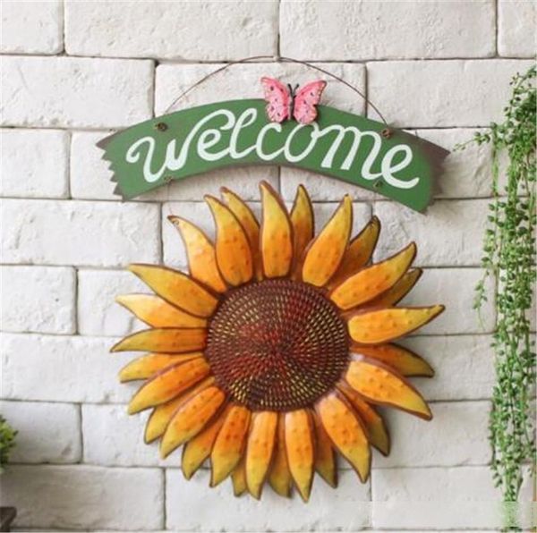 

sunflower welcome sign metal welcome decoration iron chrismas pendant with butterfly welcome wall hanging wall decoration a02