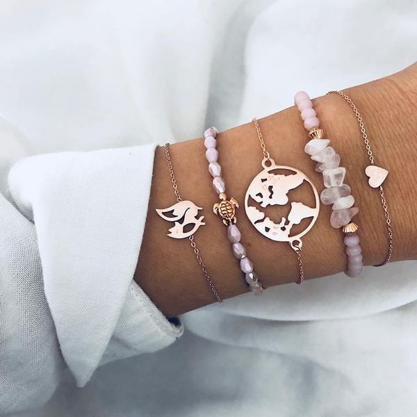 

cute pattern pink beaded bracelet for women multi-layer alloy turtle heart pendant bracelet set bangles gift, Black