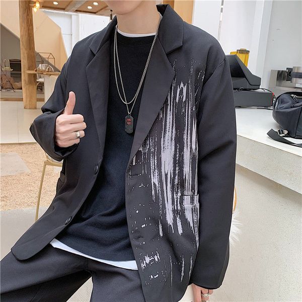 

loose outerwear men's blazers 2020 autumn male single-breasted man suit jackets hip hop fashion men korean clothing, White;black