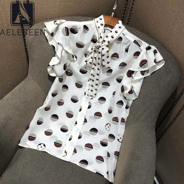 

aeleseen runway fashion 100% silk blouse summer butterfly sleeve bow collar zipper print elegant slim blouse, White