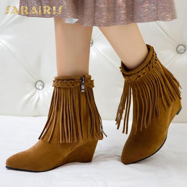 

sarairis 2020 new design plus размер 48 zip up ботильоны женская обувь сжатый fringe клин высокие каблуки ботильоны женские, Black