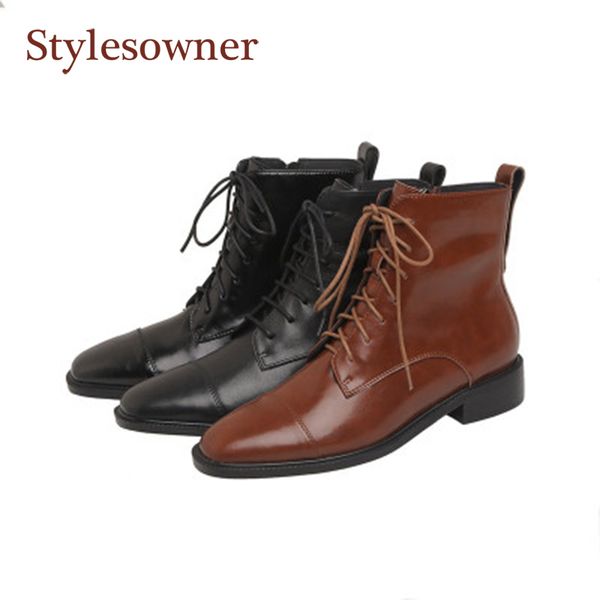 

all-match lace-up new martin boots women's fashion square toe korean style leather zipper medium thick heel short leather boots, Black