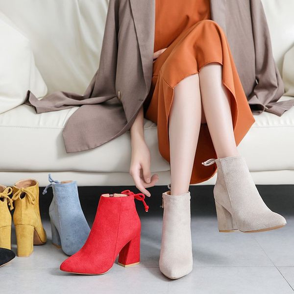 

women solid pointed toe boots female butterfly knot square heels ladies office elegant commute high heels woman comfortable shoe, Black