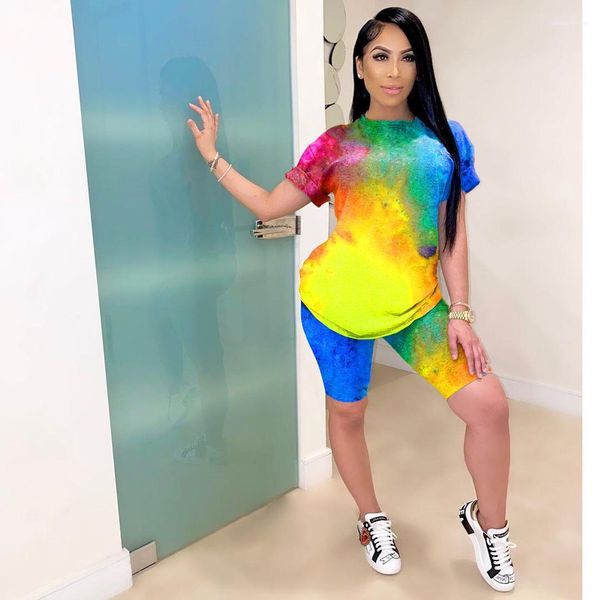 

2pcs радуга цветочной printed лето женщины конструктора костюмы шея с коротким рукавом футболка с короткими штанами цветов контраста женщины, Gray