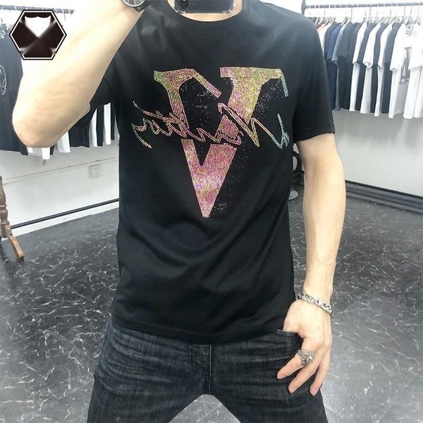 

2020 short-sleeved fashion brand men's v diamond european short-sleeved t-shirt men's fashion ice silk cotton mercerized cottont-s, Blue