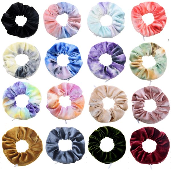 

women zipper scrunchies tie dye velvet pleuche scrunchy 16color flannel hair ties ropes elastic hair band holder girl ponytail pocket d91506, Slivery;white