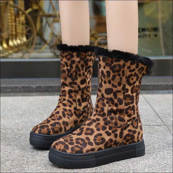 

boots classic leopard women winter mid-calf snow female warm fur plush insole botas zapatos de mujer, Black