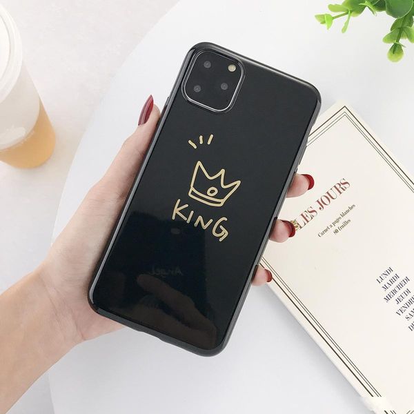 

king queen phone case for iphone 11 6 6s 7 8 plus 11 pro xs max xr x glossy gold-plated crown couples silicone cover shell tina