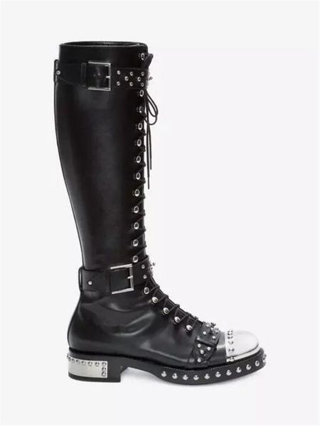 

autumn winter genuine leather metal riveting nail strap thick semi-high printed knight boots women's boots winter women, Black