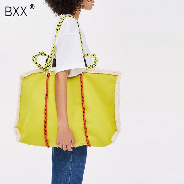 

bxx] 2020 new yellow woman fashion plaid patchwork big capacity bag women casual wool bucket female soft bag oe563