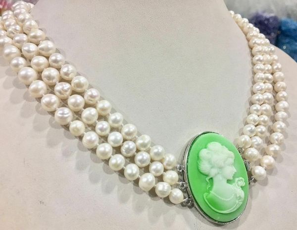 

chains 3row 7-8mm white cultured pearl necklace cameo beauty clasp, Silver
