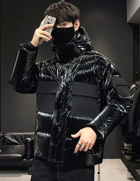 

2020 winter new designer luxury men pure color shiny down jacket european american trend handsome casual all-match splicing hooded coats, Black