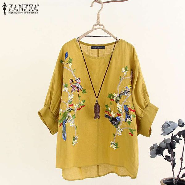

zanzea women floral embroidery blouse summer sleeve cotton linen casual vintage o neck shirt femininas blusas loose, White