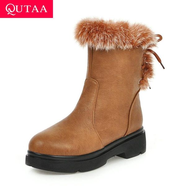 

qutaa 2020 winter round toe pu leather platform casual women shoes wedge heel warm fur lace up zipper mid calf boots size 34-39, Black