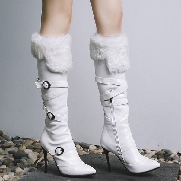 

womens pointy toe belt buckle real fur knee thigh high boots stilettos heel shoes warm thick winter snow plus size black