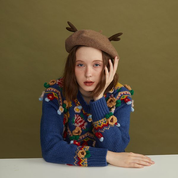 

berets manual wool felt beret peace stayover antlers christmas day girlfriend gifts painter cap, Blue;gray