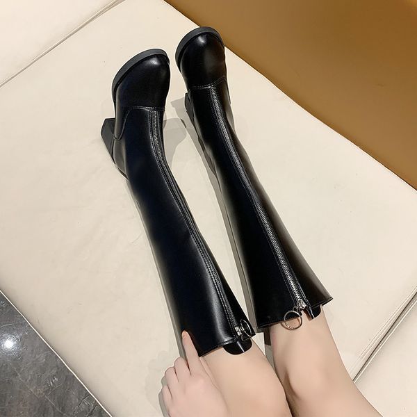 

boots 2021 autumn thigh high girls concise simple leather shoes women ins zippers net red, Black