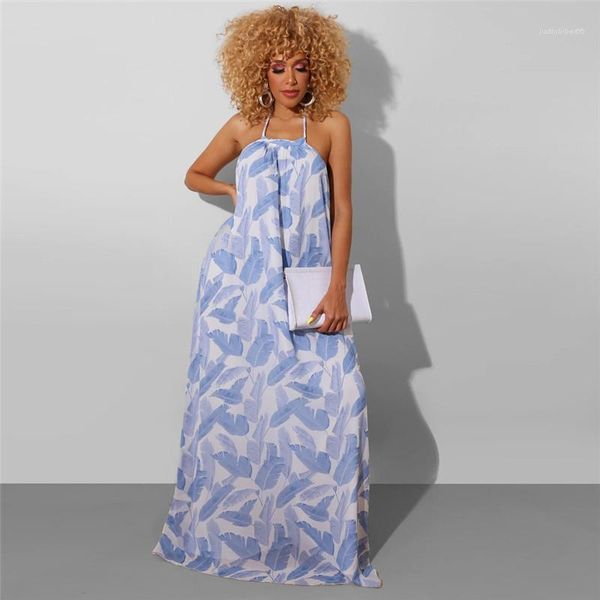 

halter backless dresses loose fashion ankle length dresses women clothes floral print womens casual dresses, Black;gray