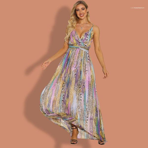 

womens designer v neck dresses sleeveless floral printed summer dress spaghetti strap maxi irregular loose sundress, Black;gray