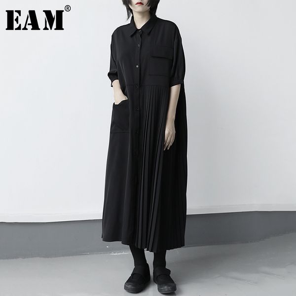 

eam] women black pleated split big size long shirt dress new lapel half sleeve loose fit fashion tide spring summer 2020 1x316 c200919, Black;pink