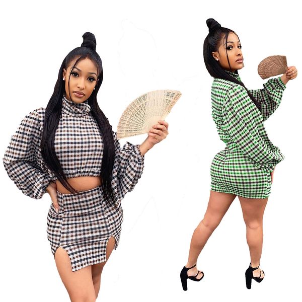 

m096 european and american women's plaid red dot small square print long sleeve short skirt two piece dress, White