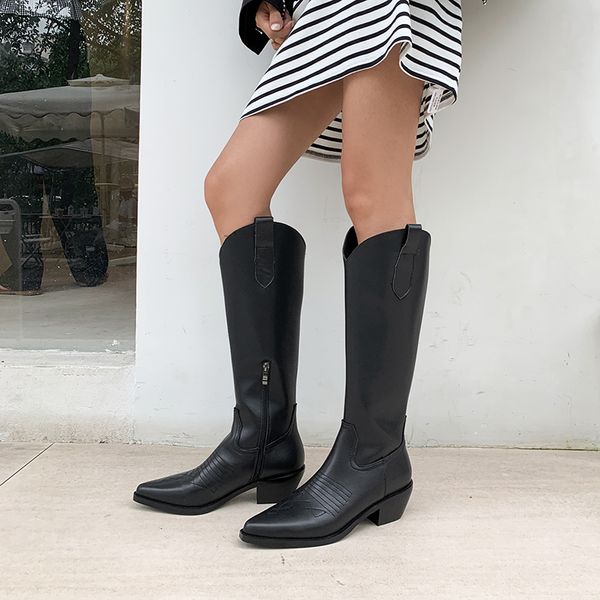 

new winter style knee high boots genuine leather women boots warm motorcycle western knight's boot cowhide women shoes, Black