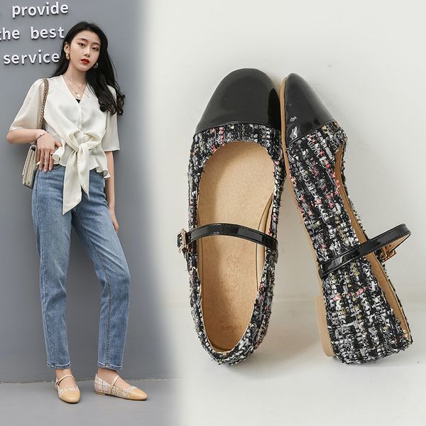 

ymechic патентный круглый toe мэри джейн женщины обувь плоский вязание материал черный бежевый плед летняя женская обувь flats большой разме, Black