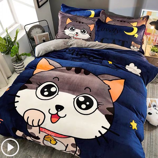 

justchic милый мультфильм кошка фланелевая одеяла крышка наволочка листы зимние постельные принадлежности набор детей детская одеяла чехол к