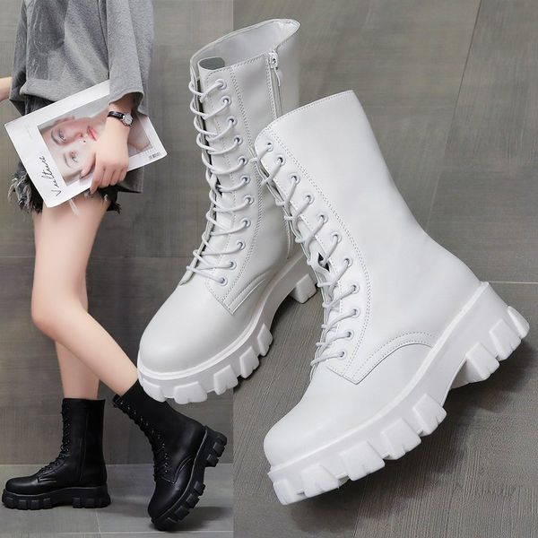 

2020 mid calf boots women autumn winter fashion lace-up zipper botas mujer women motorcycle boots sports platform ladies shoes, Black