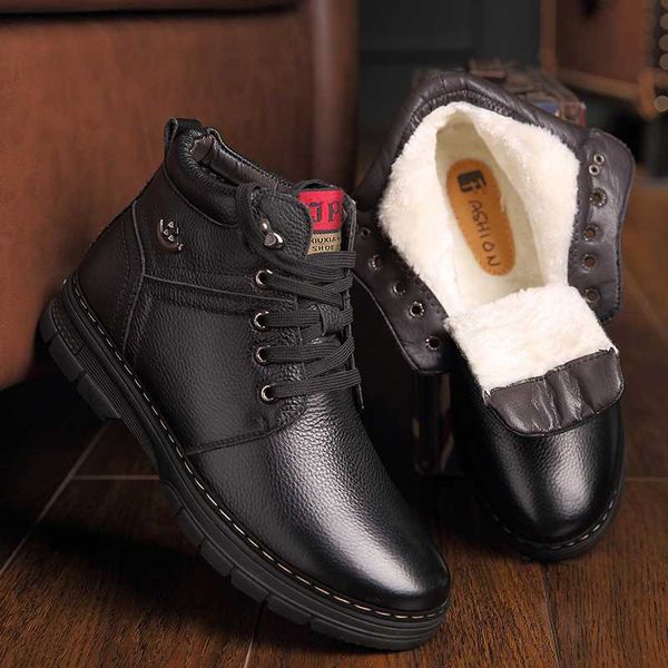 

2020 new winter shoes men's boots geniune leather wool inside warm snow shoes man leather ankle boots non-slip plush, Black