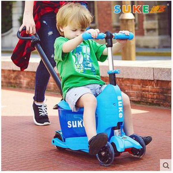 

kids trolley scooter with suitcase and safe handle bar, pu wheels
